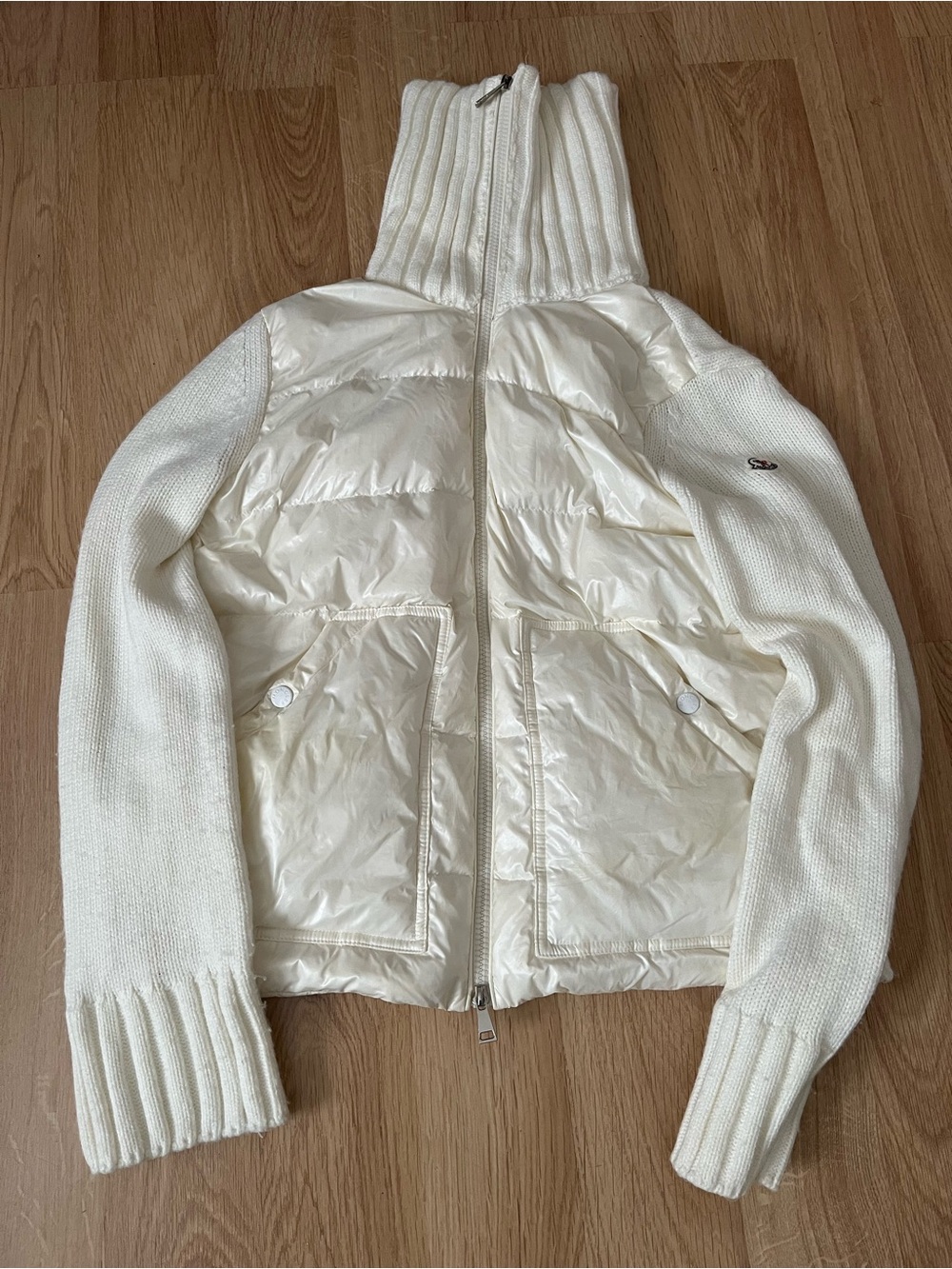 Moncler Cream Quilted Puffer Jacket with Knit Sleeves